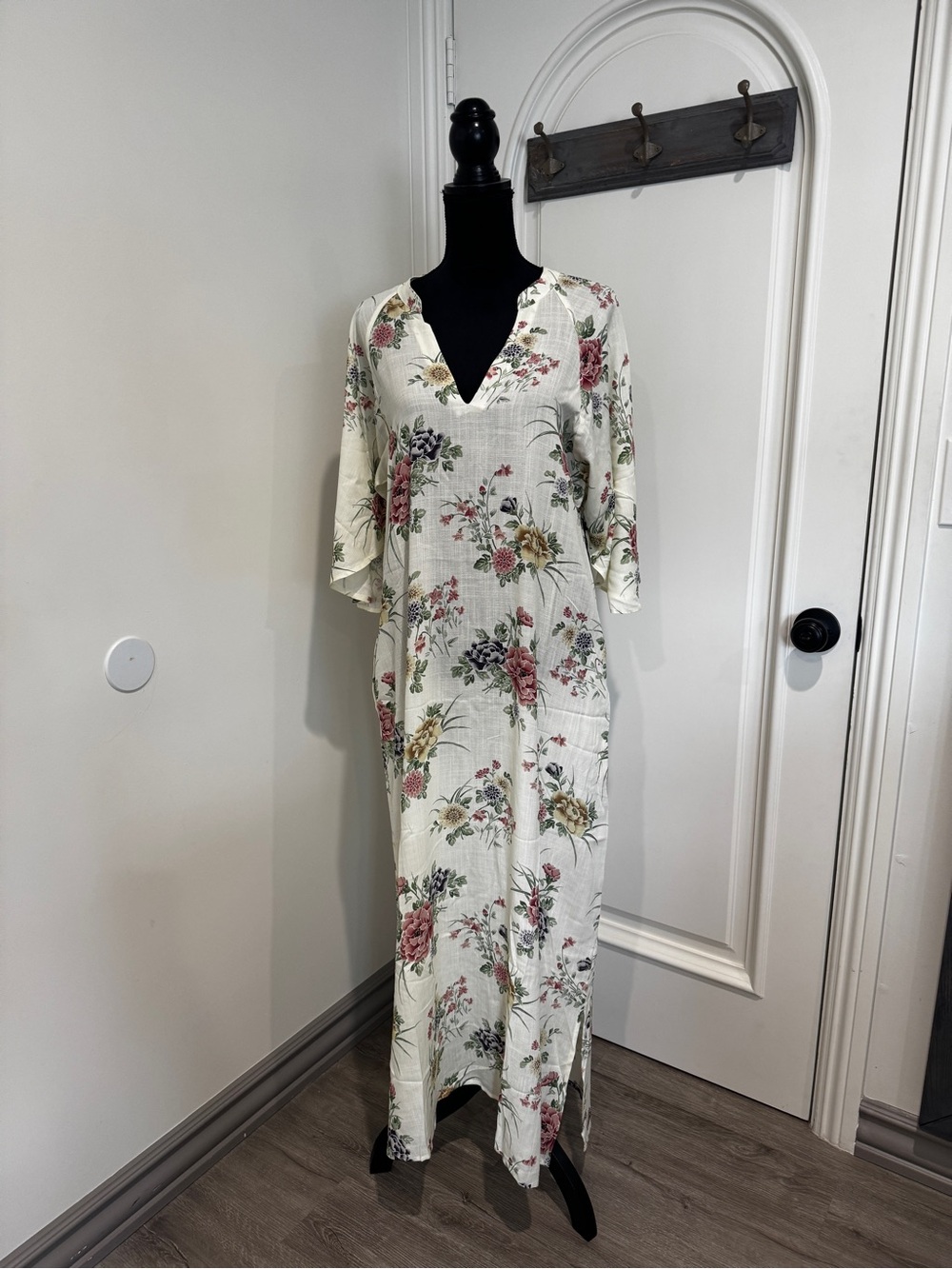 Lovlei Floral V-Neck Maxi Dress in Cream with Pink & Green Bloom